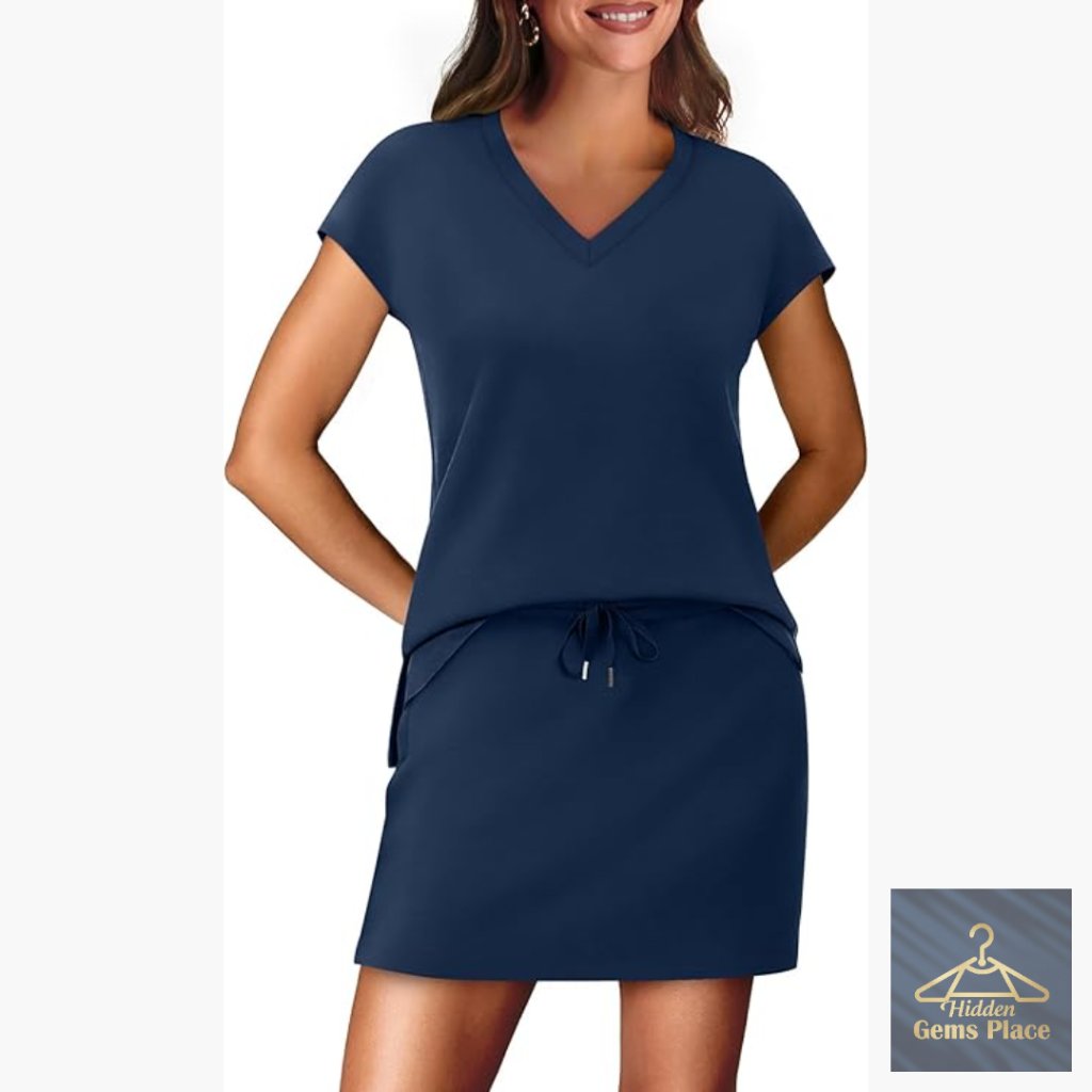 Two Piece Tennis Skirt Set With Built-In Shorts And Pockets, Cap Sleeve Top
